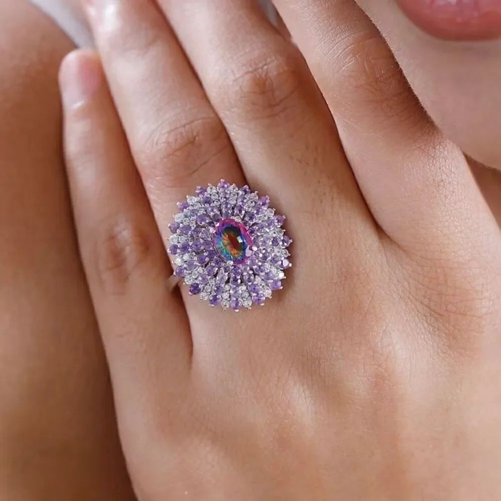 Nebula Quartz Doublet and Multi Gemstone 3.40 ctw Galactic Bloom Sterling Ring 7